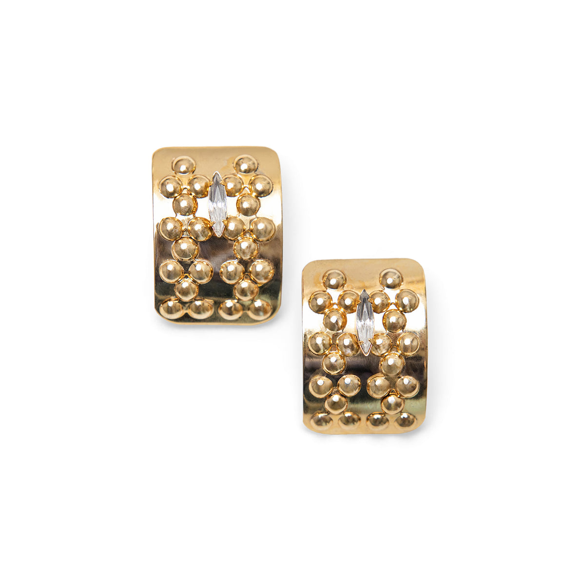 A pair of large gold square stud earrings decorated with a raised cluster of small gold beads and a clear marquise-cut Swarovski crystal in the center, set against a plain white background.
