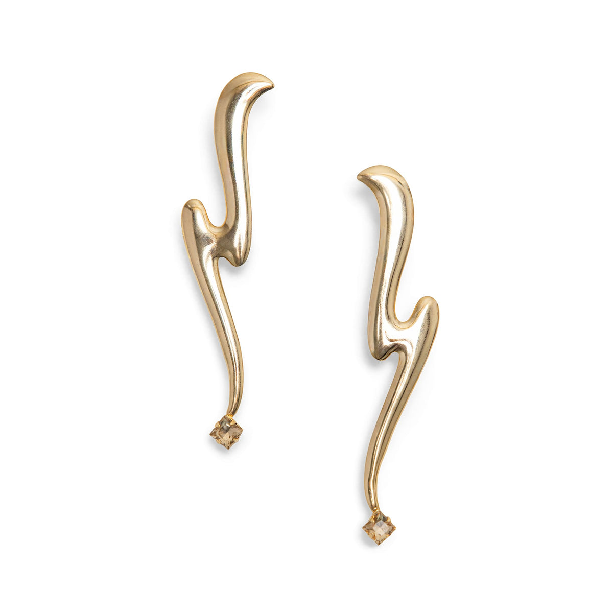 A pair of gold structural earrings with small clear Swarovski crustal at the bottom, shown on a plain white background.