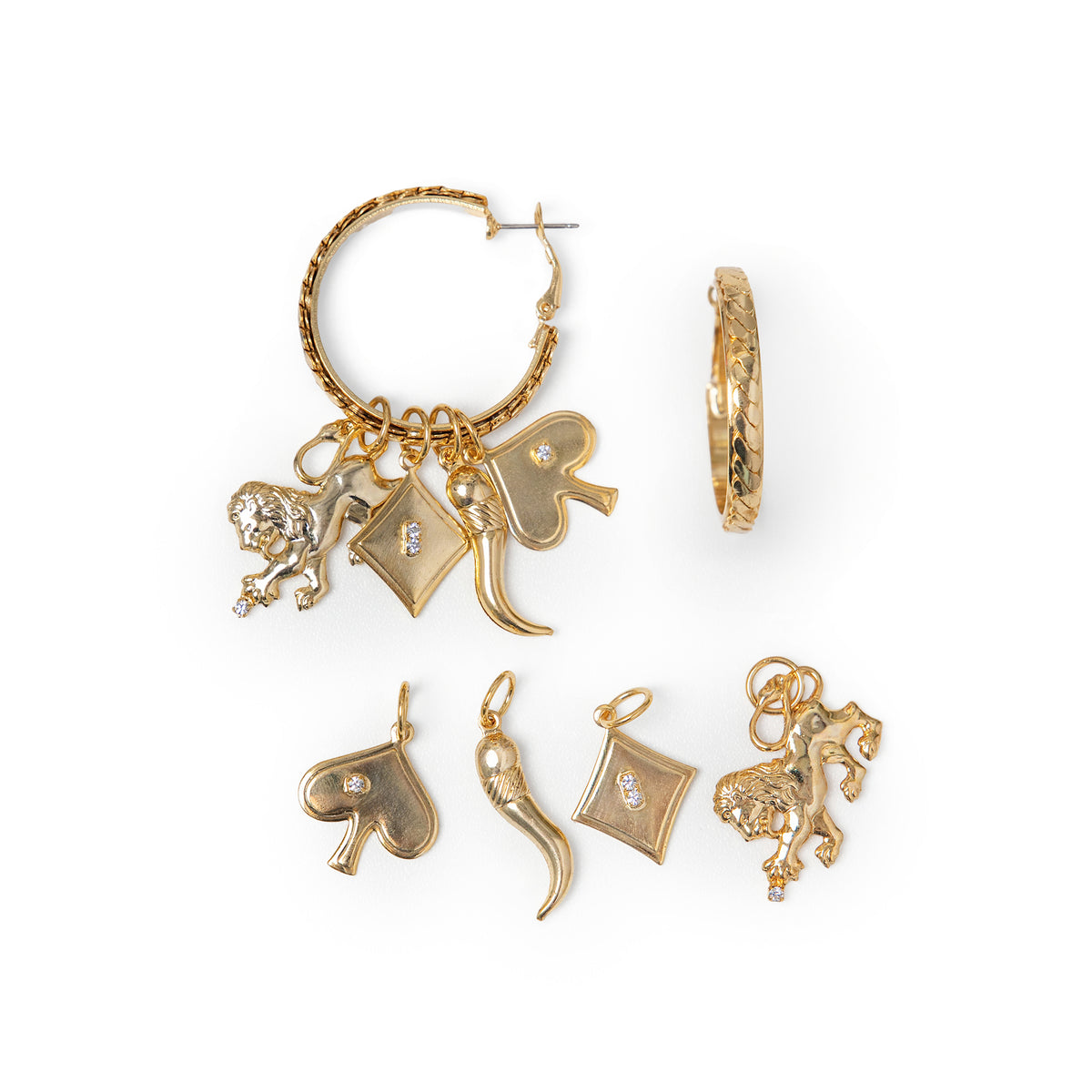 Gold-toned hinge hoop earrings with vintage chain details with four removable charms: lion, diamond, chili pepper, and spade with clear Swarovski crystal accents.