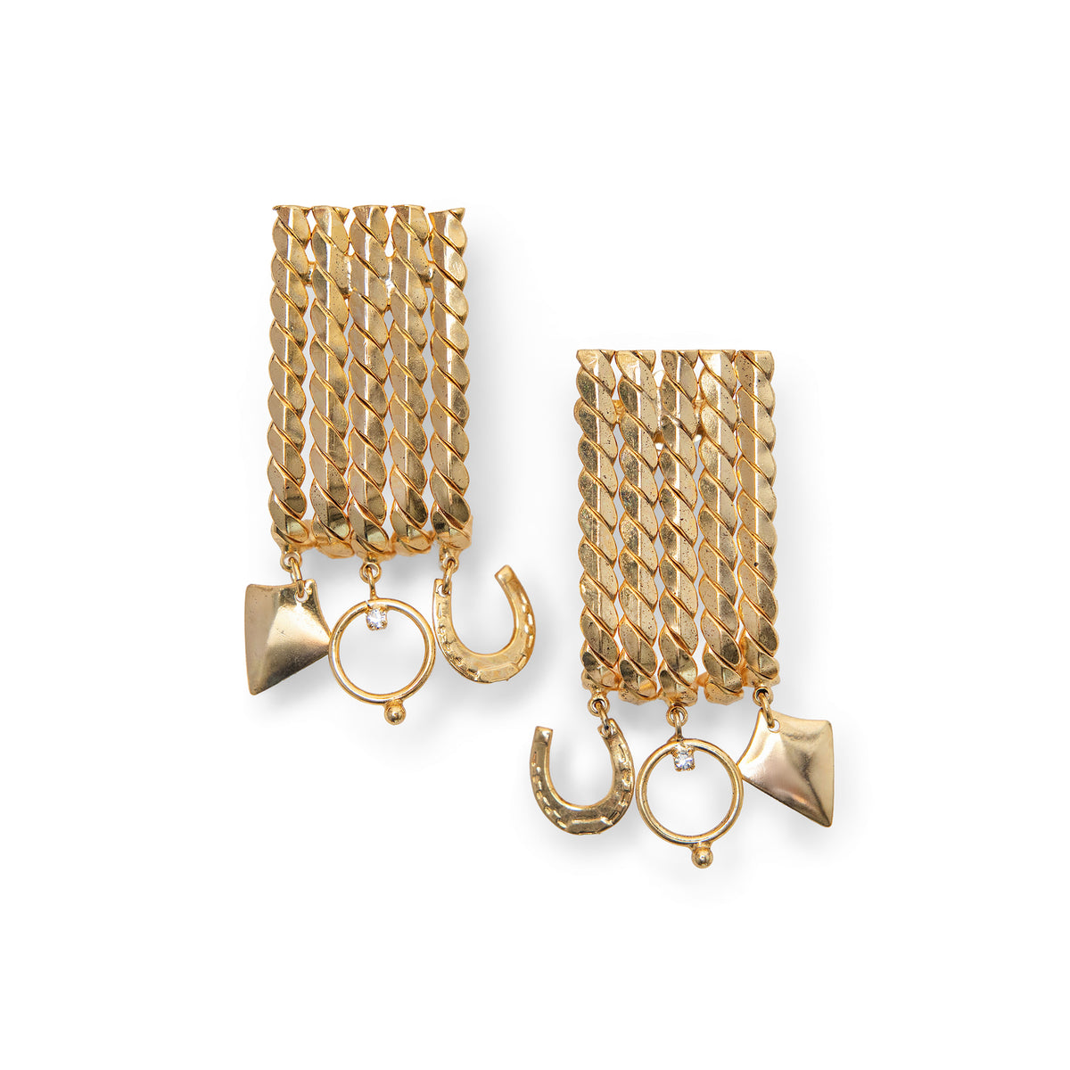 A pair of gold statement earrings featuring textured rectangular chain-like tops with 3 dangling mini charms: horseshoe, hoop, and shield, shown on a plain white background.
